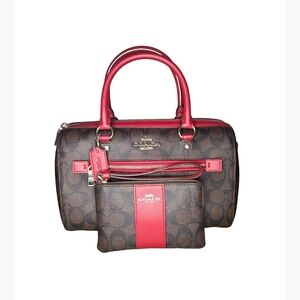 Coach Brown and Red Signature Handbag Set